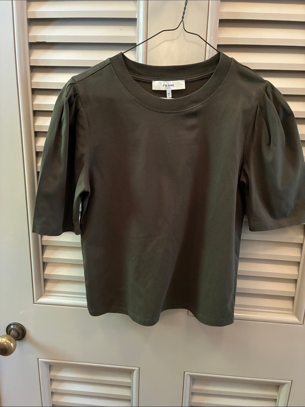 Frame Denim Olive Green Puff-Sleeve Crewneck Tee